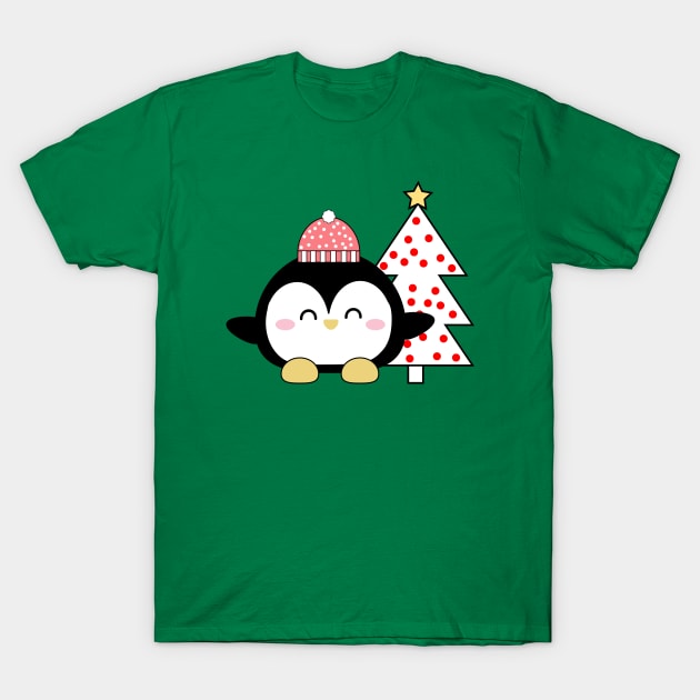 Christmas Kawaii Penguin T-Shirt by Kam Bam Designs